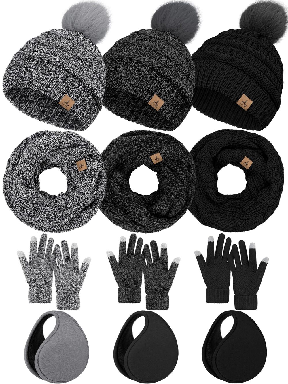 1247 Earmuffs Hat Gloves Scarf Set , Black Gray White Mix Touchscreen